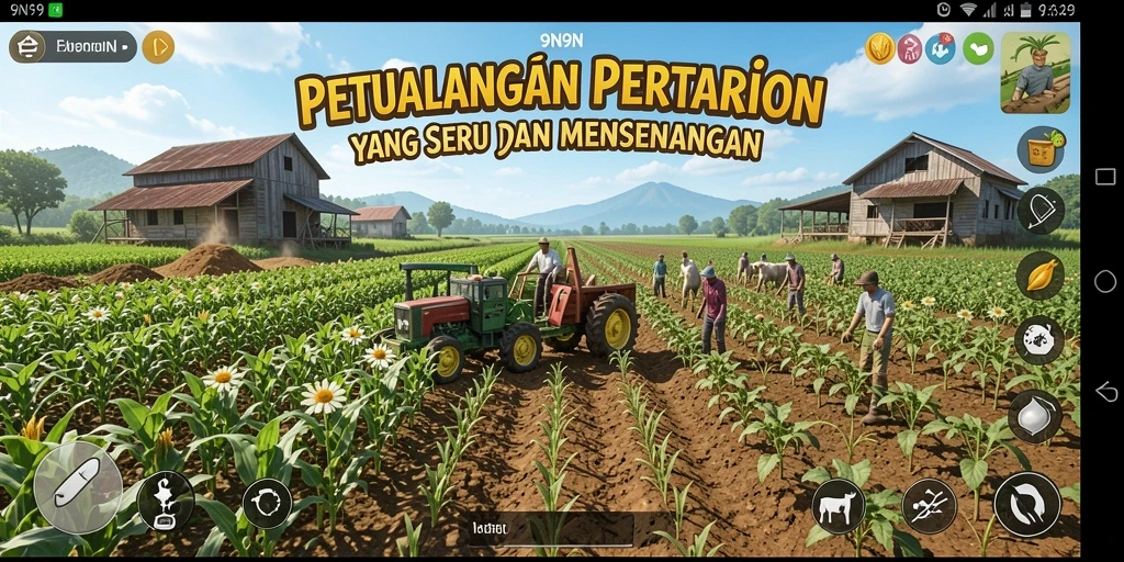 Tampilan screenshot gameplay 9N9N dengan suasana pertanian yang hidup.