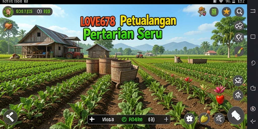 Skrinsot gameplay <strong>LOVE678</strong> menampilkan kebun yang subur dan aktivitas bertani.