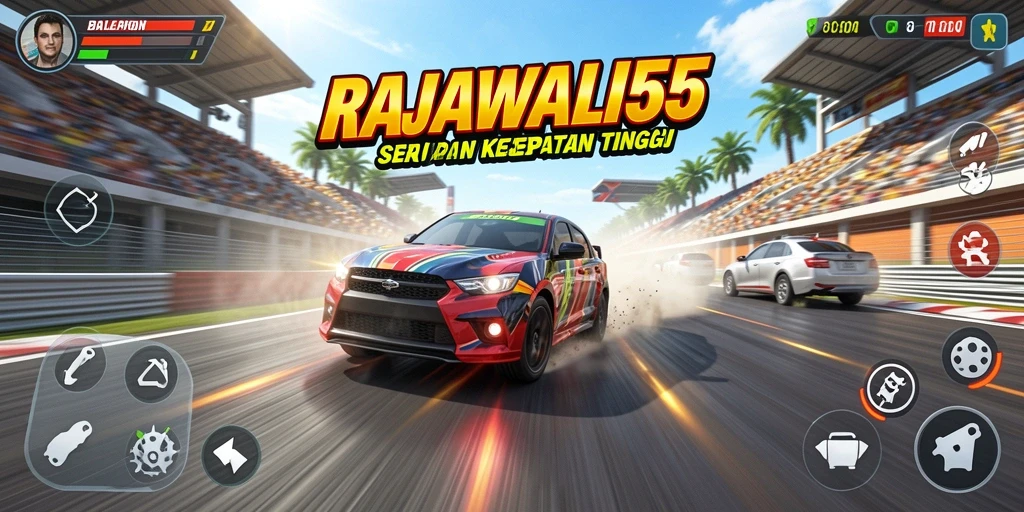 Tampilan screenshot utama RAJAWALI55 menunjukkan aksi balap yang mendebarkan.