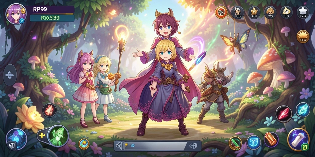 Screenshot utama RP99 menampilkan aksi pertarungan karakter Anime.