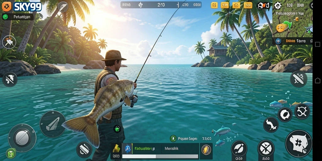 Tampilan gameplay memancing yang seru di SKY99 dengan berbagai jenis ikan.