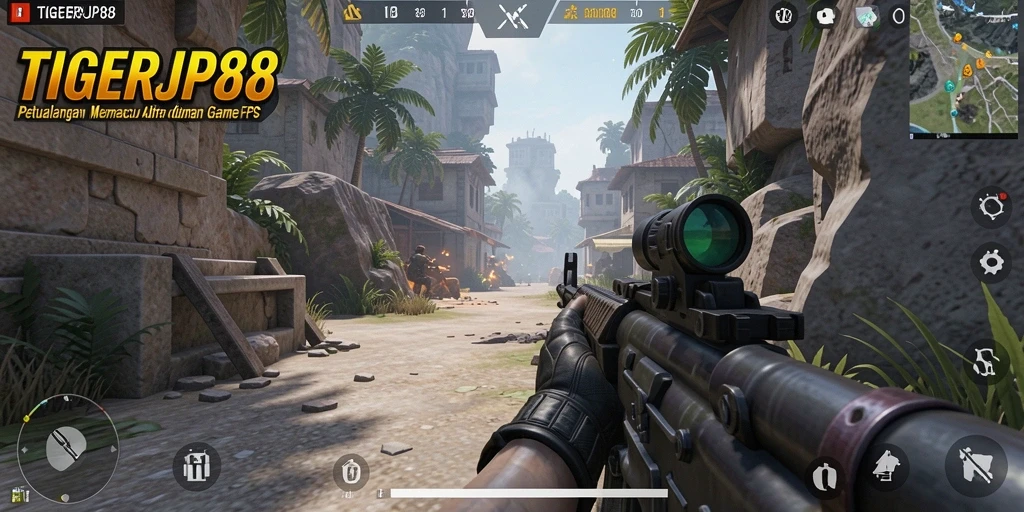 Screenshot utama TIGERJP88 menampilkan aksi menembak yang intens dan mendebarkan.