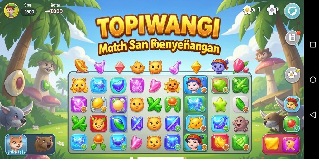 Screenshot gameplay TOPIWANGI menunjukkan elemen elemen Match-3 yang berwarna-warni.